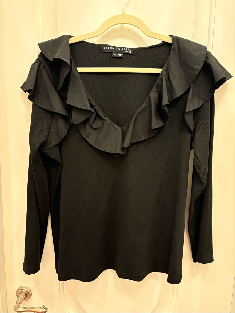 Veronica Beard Black Ruffle V-Neck Long Sleeve Top - Elegant Layered Trim
